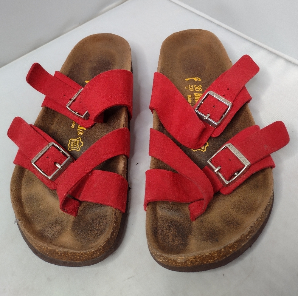 Birkenstock Mayari Suede Birko-Flor Red Sandals Slides Size 36 Cork Comfort B9